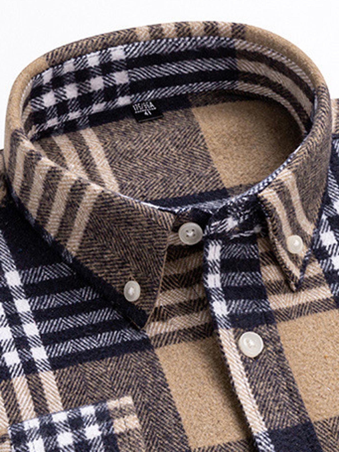 Men's Japanese Retro Plaid Shirt - Brushed Long Sleeve Collar, Single-Breasted Button Front, Brown/Black/White/Beige Tartan Pattern, Casual & Formal Wear (Spring/Fall) - Regular Fit Classic Tailored Blazer-like Coat