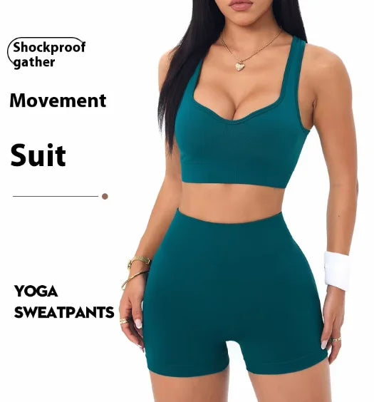 Women’s Seamless Yoga Set Cross Strap Sports Bra Peach Butt Fitness Shorts Running