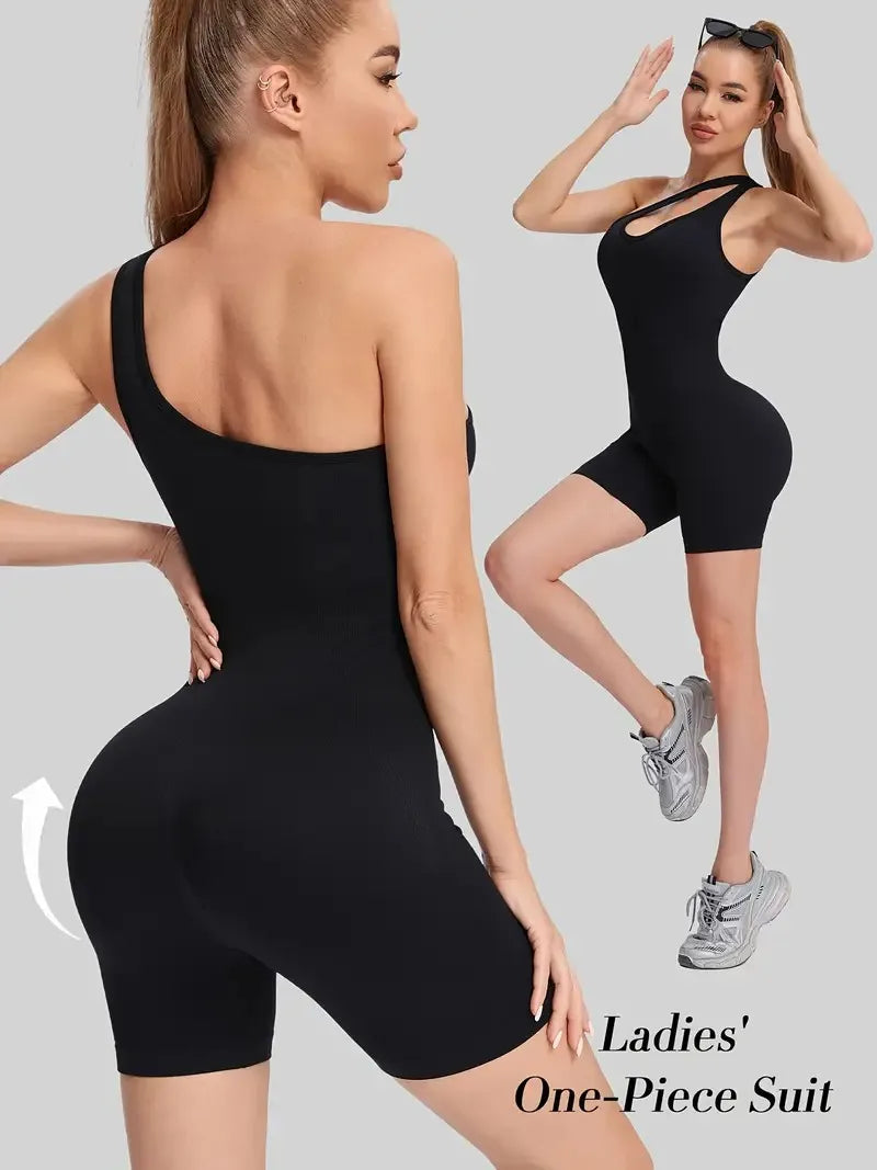 Women’s Seamless One-Piece Sports Bodysuit Diagonal Strap Yoga Jumpsuit Fitness Running