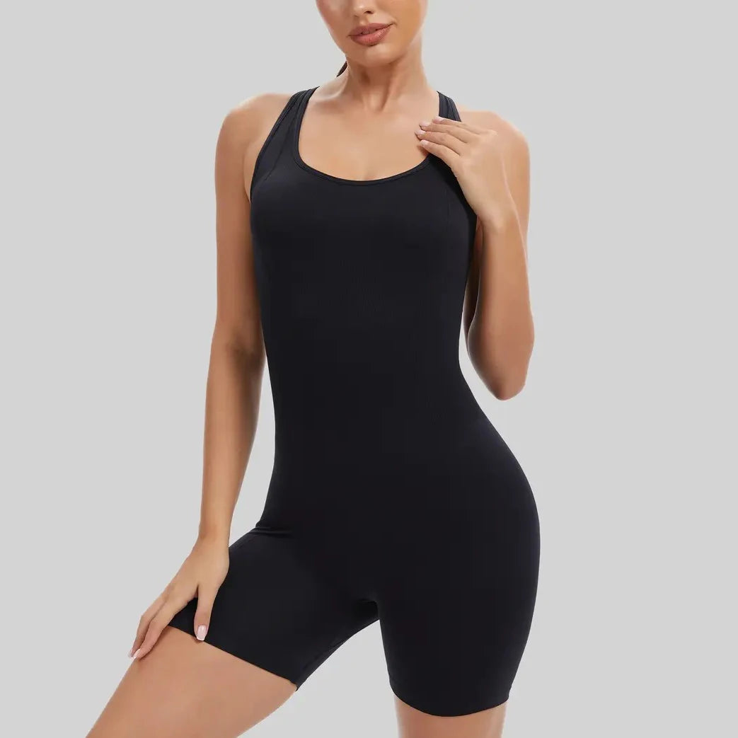 Women’s High Waist Quick-Dry Workout Bodysuit Cross-Back Yoga One-Piece Fitness
