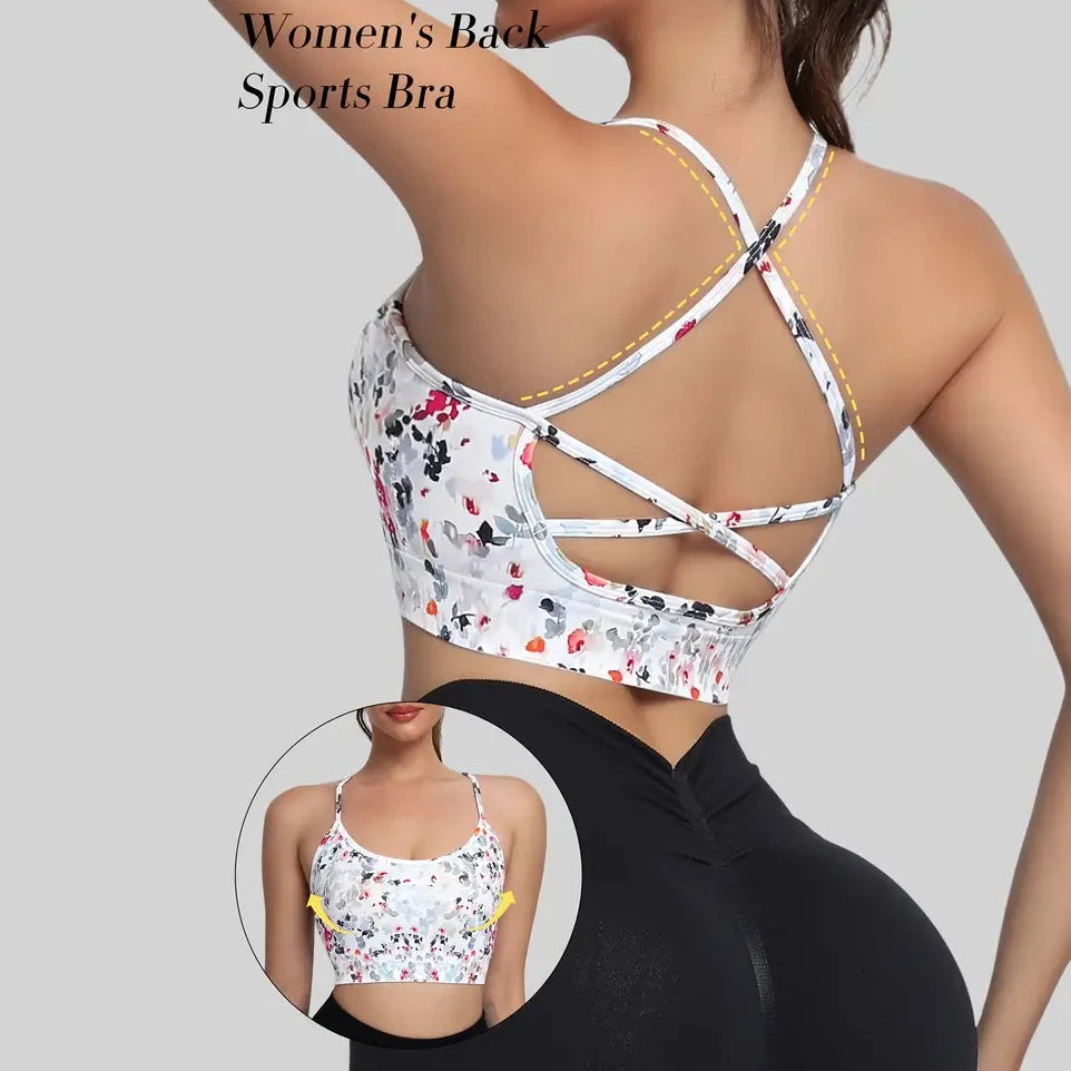 Women’s Cross-Back Floral Sports Bra Yoga Tank Top for Gym Running Fitness