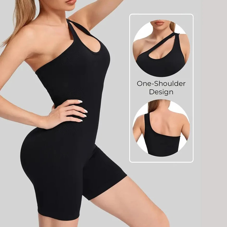 Women’s Seamless One-Piece Sports Bodysuit Diagonal Strap Yoga Jumpsuit Fitness Running