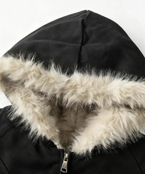 Retro Plus Size Hooded Parka Coat Fleece Collar Zipper Thick Loose Fit Autumn Winter