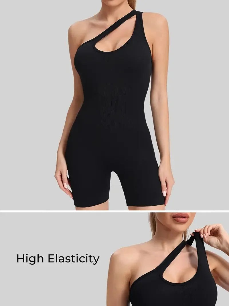 Women’s Seamless One-Piece Sports Bodysuit Diagonal Strap Yoga Jumpsuit Fitness Running