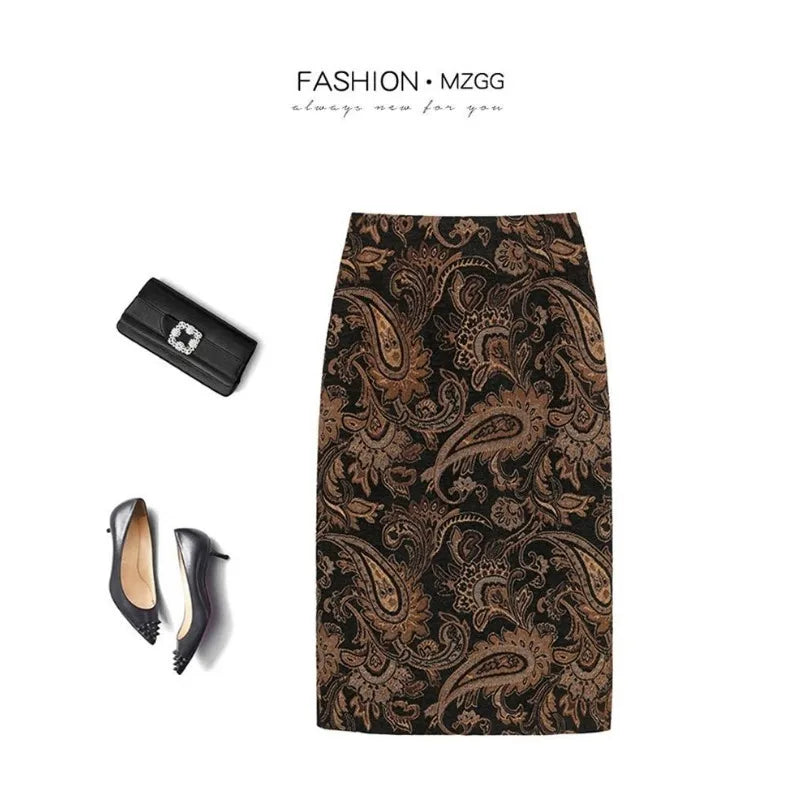 Women’s Spring High Waist Straight Midi Skirt Hip Hugging Floral Elegant Style