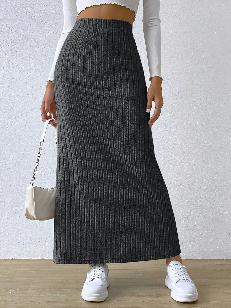 Women’s High Waist Stretch Sweater Midi Skirt Solid Color Side Slit Spring 2025