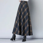 Women’s High Waist Plaid Long Skirt Thick Warm Elastic Autumn Winter Streetwear