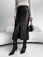 Women’s High Waist Leather Long Skirt Front Slit Slim Elegant Office Spring winter