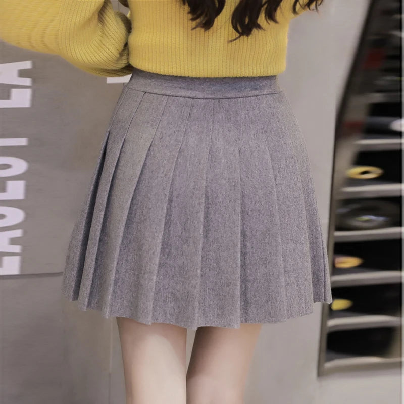 Women’s Vintage Woolen Mini Skirt High Waist A-Line Pleated with Shorts Winter 2025