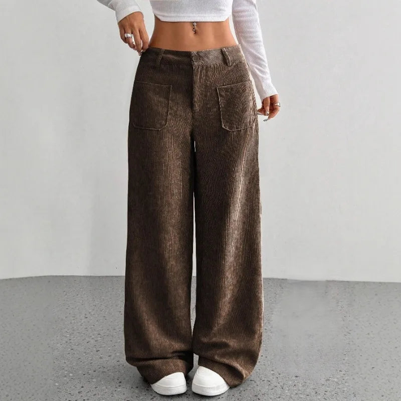 Women’s European American Wide Leg Pants Floor Length Loose Fit Front Pockets Casual