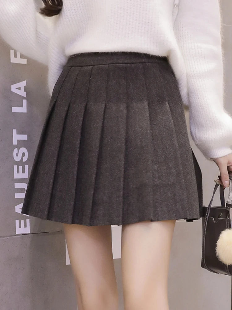 Women’s Vintage Woolen Mini Skirt High Waist A-Line Pleated with Shorts Winter 2025