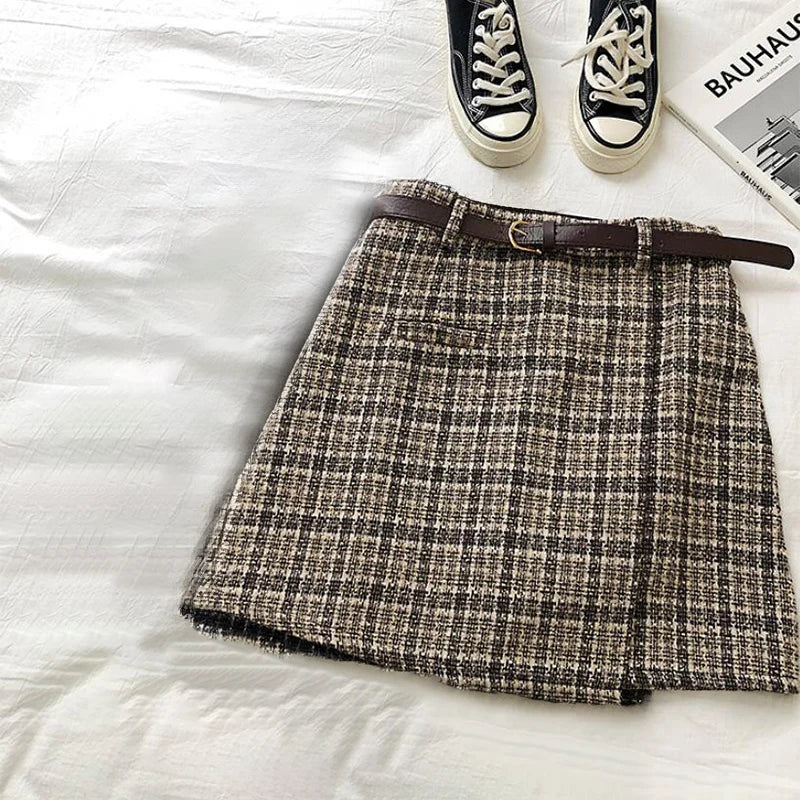 Women’s Korean High Waist Tweed Mini Skirt Plaid A-Line Slimming Y2K Autumn Winter