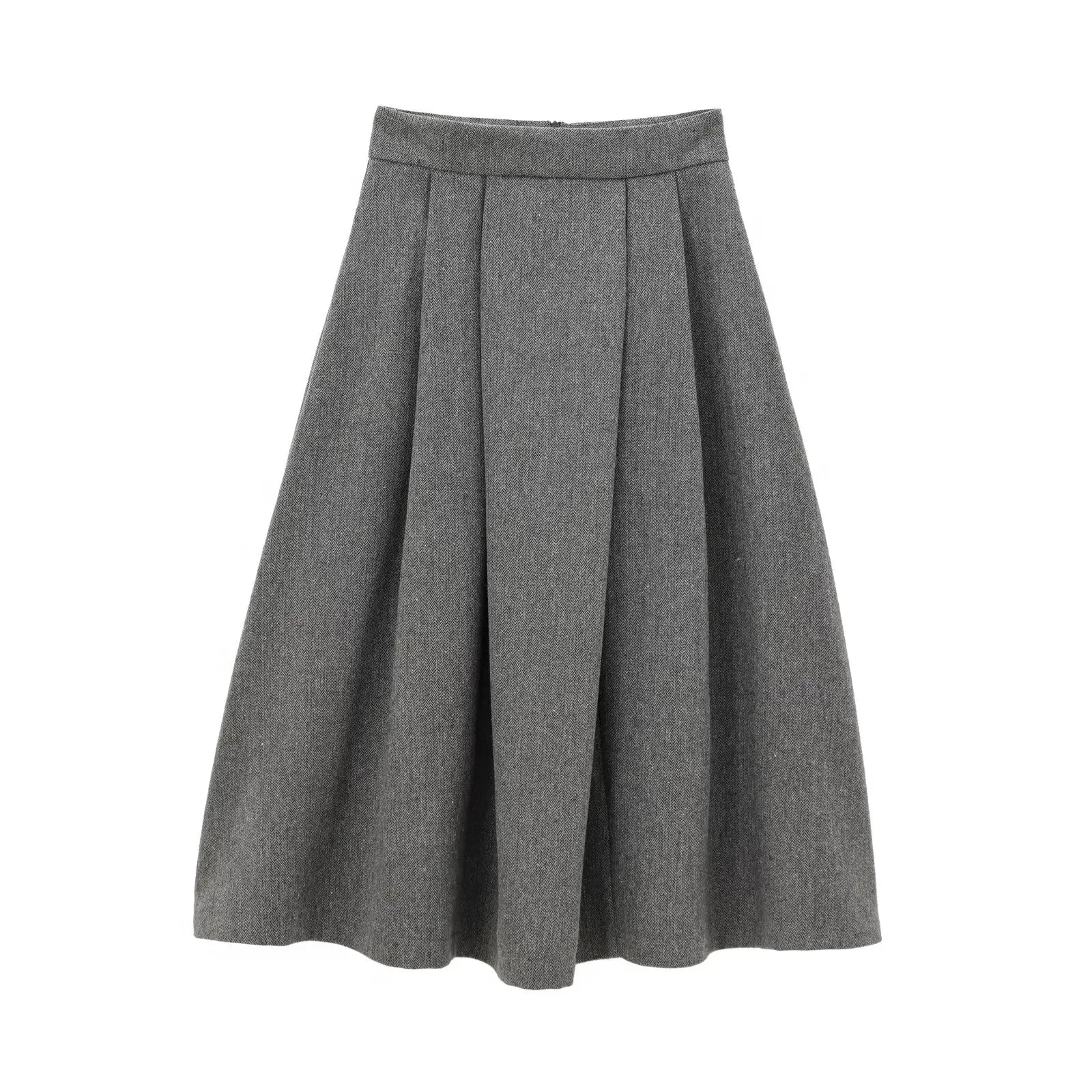 YENKYE Women’s High Street A-Line Midi Skirt Box Pleat Mid Waist Office Gray Autumn Winter