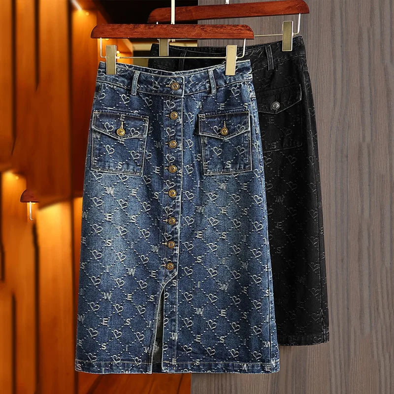 Women’s High Waist Slit Denim Midi Skirt A-Line Printed Hip Fit Autumn 2025