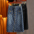 Women’s High Waist Slit Denim Midi Skirt A-Line Printed Hip Fit Autumn 2025