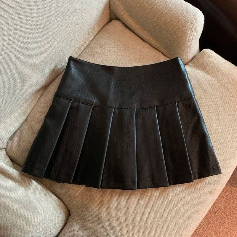 MEXZT Y2K PU Leather Mini Skirt High Waist Pleated A-Line Korean Streetwear Black