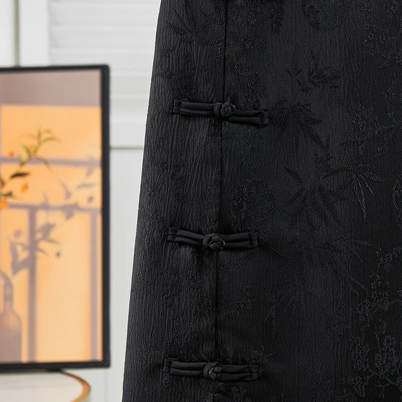 Vintage Jacquard High Waist Slim Long Skirt Chinese Style Side Slit Buckle