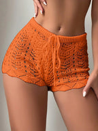 Women’s Hollow Drawstring Knitted Bikini Shorts Open Waist Block Design Summer Swimwear