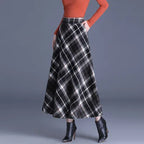 Women’s High Waist Plaid Long Skirt Thick Warm Elastic Autumn Winter Streetwear