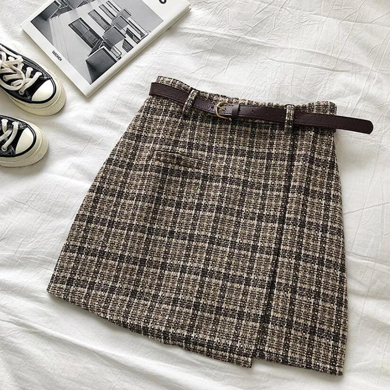 Women’s Korean High Waist Tweed Mini Skirt Plaid A-Line Slimming Y2K Autumn Winter