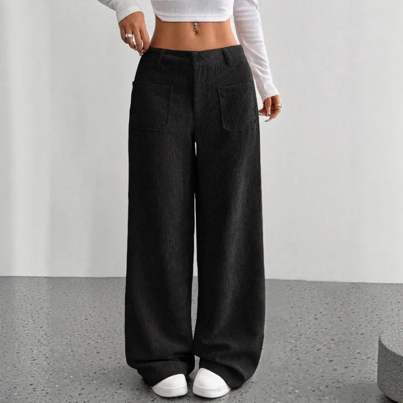 Women’s European American Wide Leg Pants Floor Length Loose Fit Front Pockets Casual