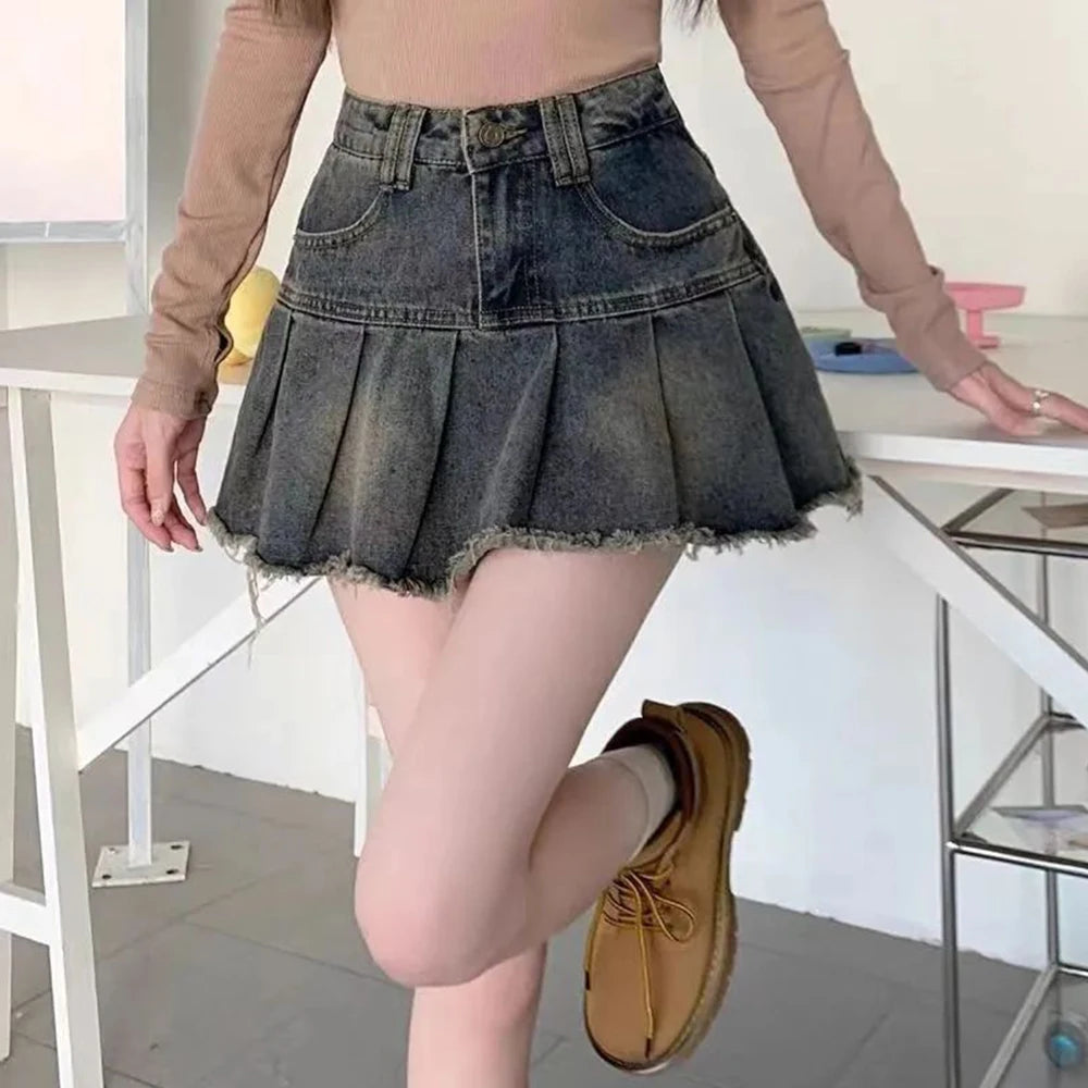 Women’s Korean Denim A-Line Mini Skirt High Waist Pleated Tassel Y2K season 2025