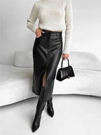 Women’s High Waist Leather Long Skirt Front Slit Slim Elegant Office Spring winter