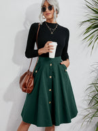Women’s Dark Green Flared Midi Skirt Metal Button Pockets Casual Office Wear