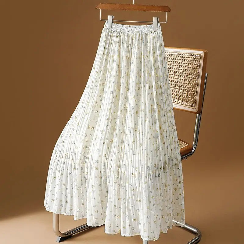 Apricot Floral Women’s High Waist Chiffon Pleated Long Skirt Wide Hem Summer