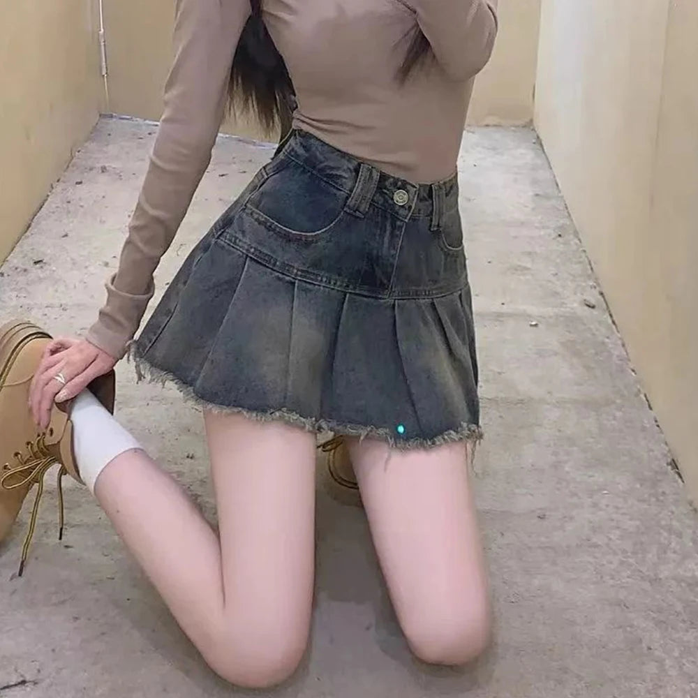 Women’s Korean Denim A-Line Mini Skirt High Waist Pleated Tassel Y2K season 2025