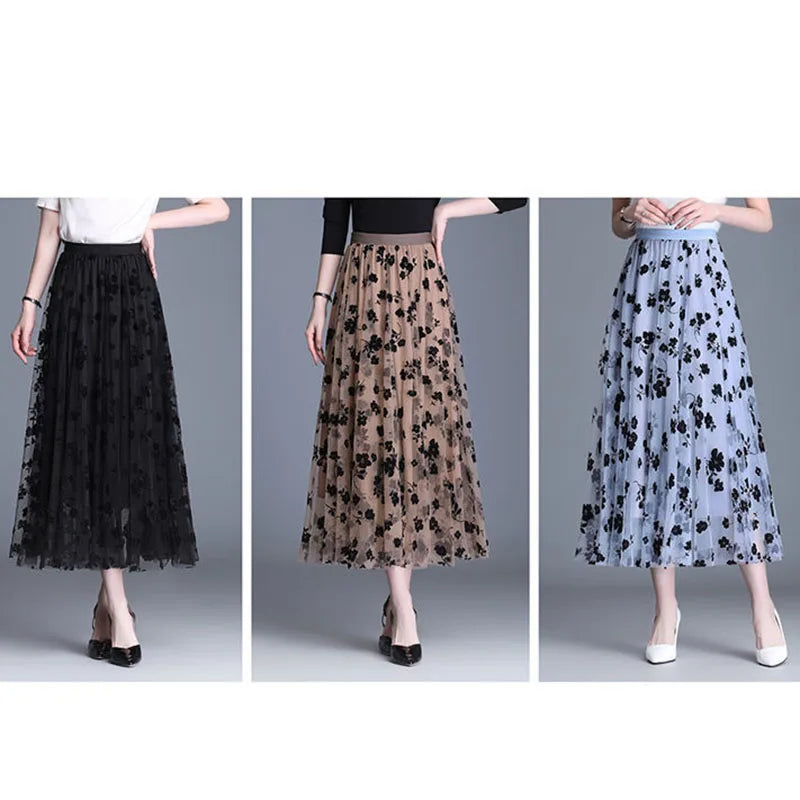 Korean Women’s Mesh Midi Skirt Hook Flower Loose Elegant Summer Casual