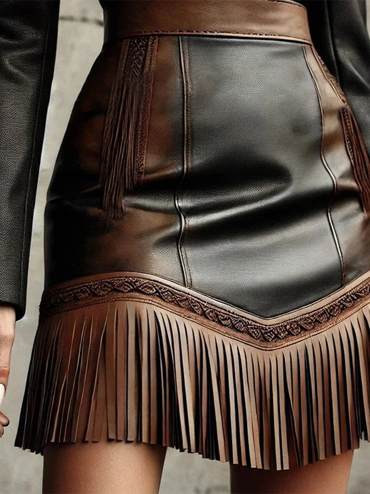 Vintage Western PU Leather Mini Skirt High Waist Slim Fit Fringe Hem Streetwear