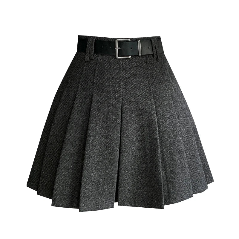 Vintage Women’s Pleated Mini Skirt High Waist Woolen Skater with Shorts Belt Winter