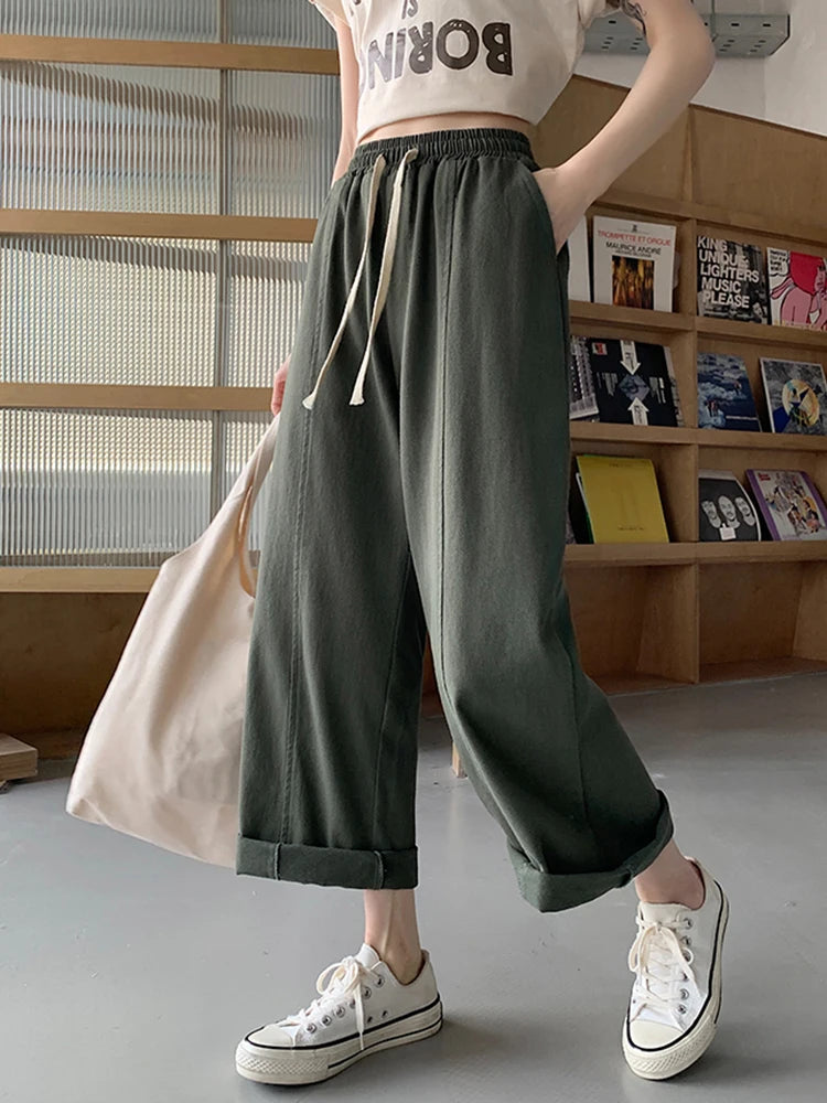 Women’s Plus Size Wide Leg Pants High Waist Baggy Streetwear Lace Up Casual Slacks