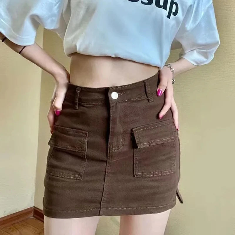 Women’s Summer Denim Mini Skirt High Waist Slim Wrap Korean Chic Pockets