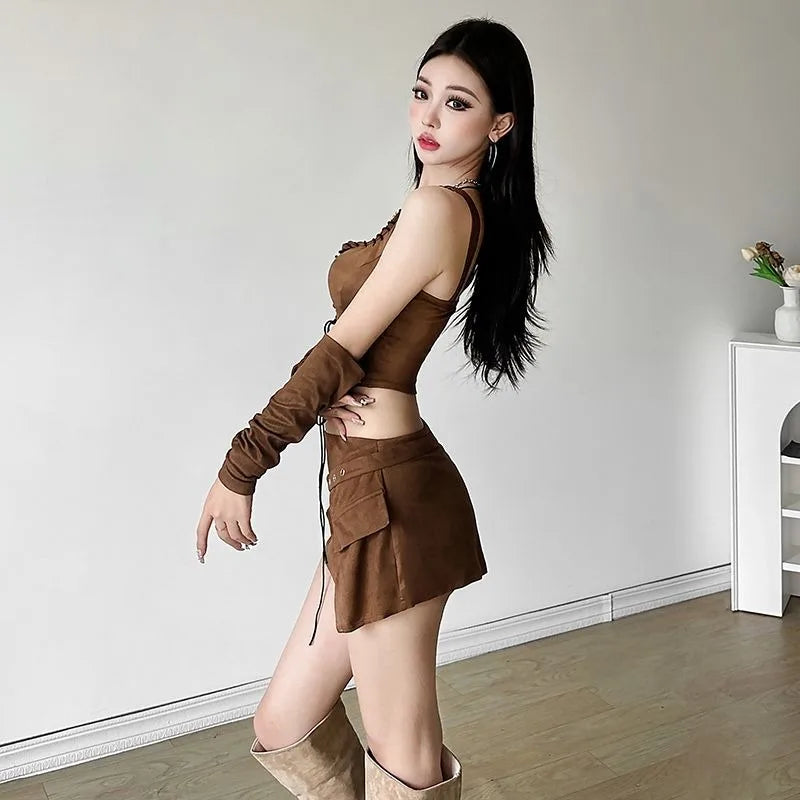 Women’s Retro Western Denim Suspender Mini Skirt Front Strap Irregular Slim Fit