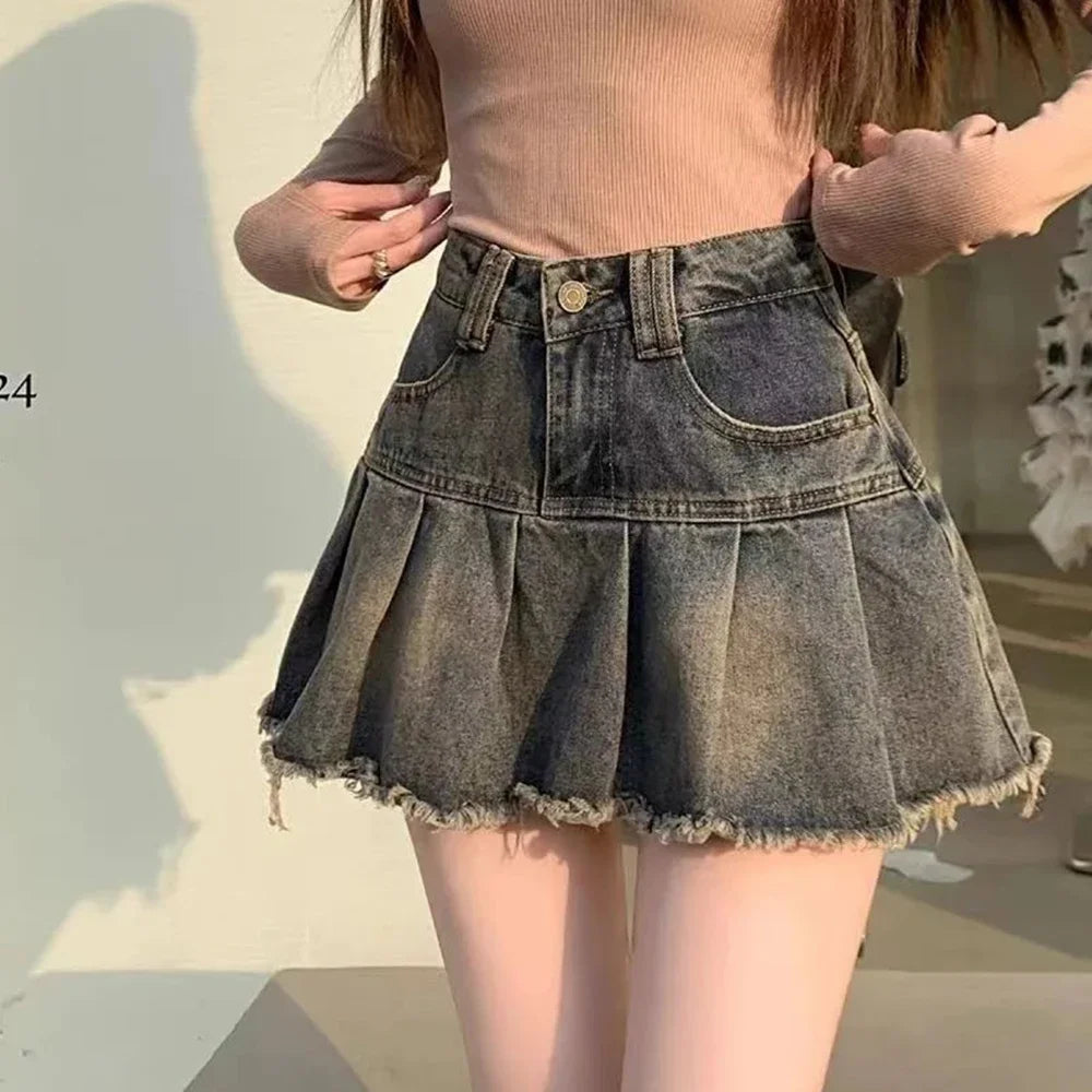 Women’s Korean Denim A-Line Mini Skirt High Waist Pleated Tassel Y2K season 2025