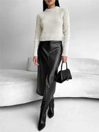 Women’s High Waist Leather Long Skirt Front Slit Slim Elegant Office Spring winter