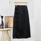 Vintage Jacquard High Waist Slim Long Skirt Chinese Style Side Slit Buckle