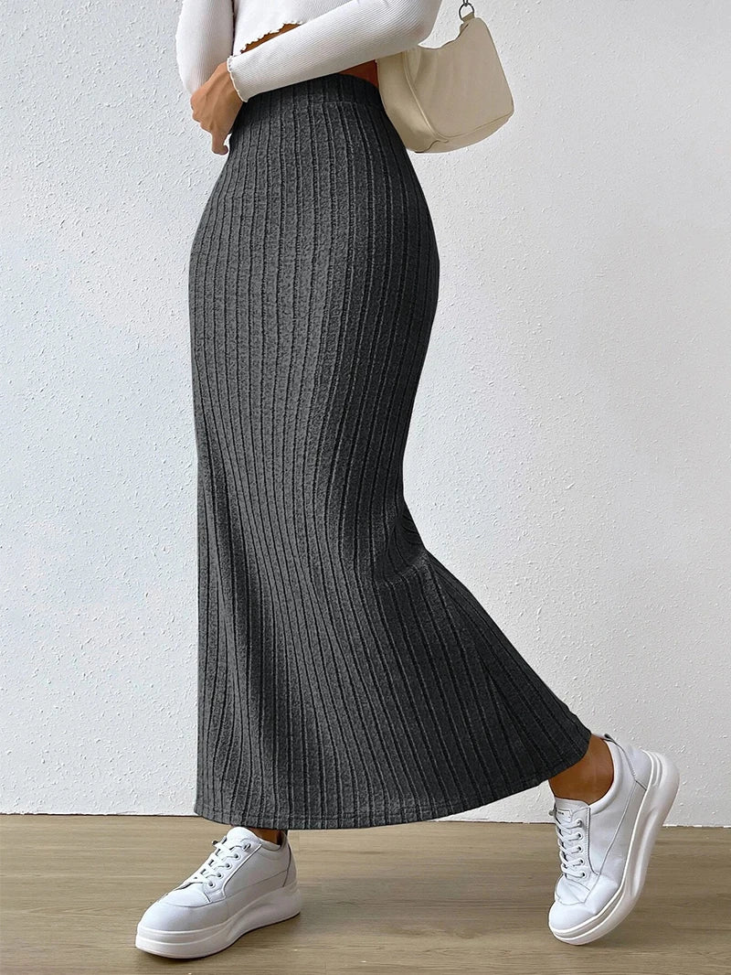 Women’s High Waist Stretch Sweater Midi Skirt Solid Color Side Slit Spring 2025