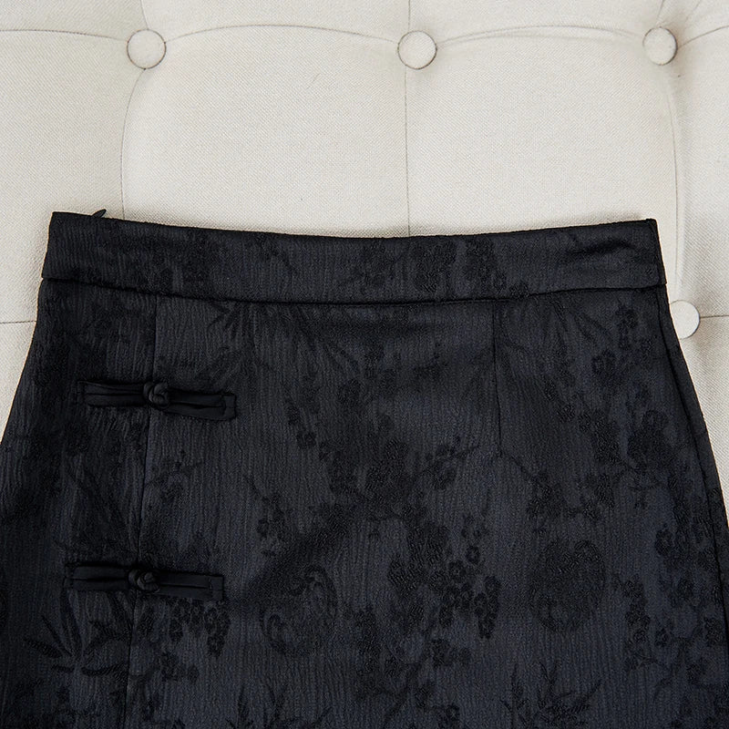 Vintage Jacquard High Waist Slim Long Skirt Chinese Style Side Slit Buckle