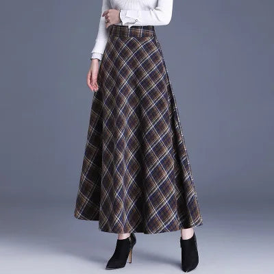 Women’s High Waist Plaid Long Skirt Thick Warm Elastic Autumn Winter Streetwear