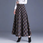 Women’s High Waist Plaid Long Skirt Thick Warm Elastic Autumn Winter Streetwear