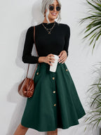 Women’s Dark Green Flared Midi Skirt Metal Button Pockets Casual Office Wear
