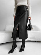 Women’s High Waist Leather Long Skirt Front Slit Slim Elegant Office Spring winter