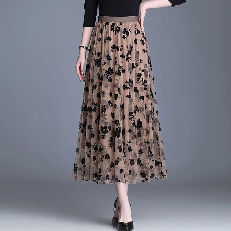 Korean Women’s Mesh Midi Skirt Hook Flower Loose Elegant Summer Casual