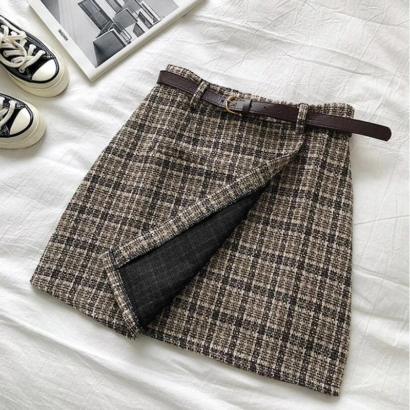 Women’s Korean High Waist Tweed Mini Skirt Plaid A-Line Slimming Y2K Autumn Winter