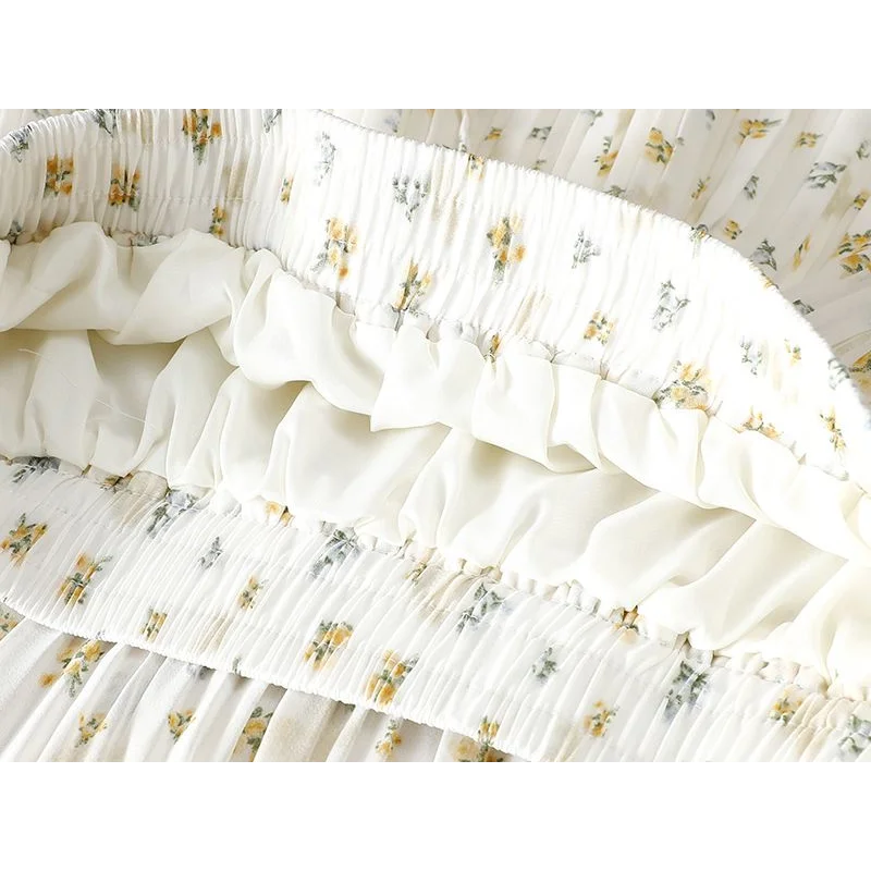 Apricot Floral Women’s High Waist Chiffon Pleated Long Skirt Wide Hem Summer