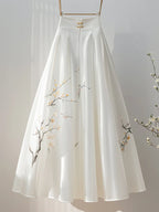 Women’s Flower Print White A-Line Midi Skirt High Waist Chinese Style Y2K 2026