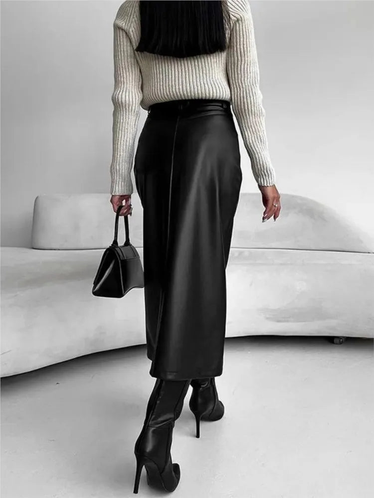 Women’s High Waist Leather Long Skirt Front Slit Slim Elegant Office Spring winter